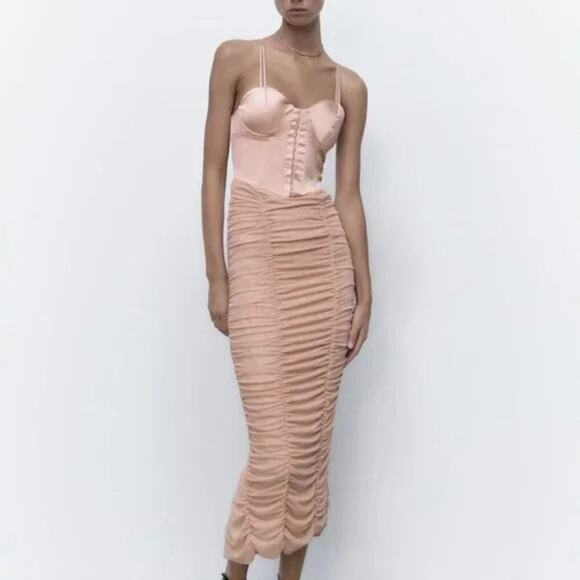 ZARA Ruched Tulle Corset Dress Beige Pink Size Small Satin Balletcore Sexy - Picture 10 of 11